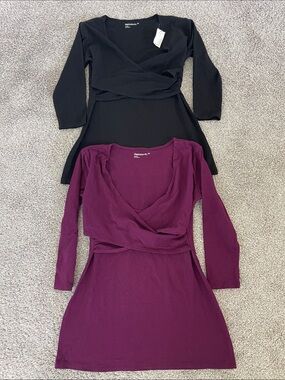 GAP Long Sleeve Wrap-Front Dresses - Black & Plum